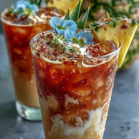 Close-up of a frothy glass of Iced Guava Passionfruit Drink with edible flowers and a pink straw.