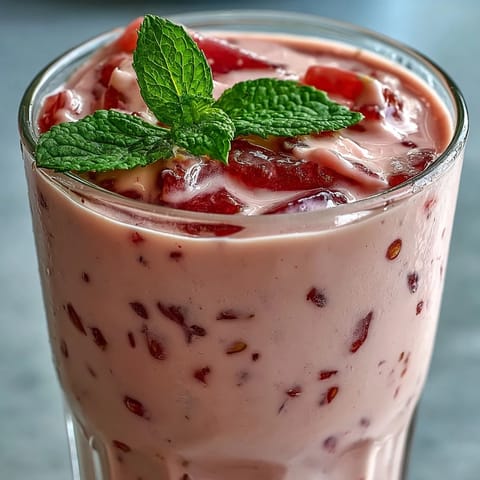 A close-up of creamy Guava Banana Smoothie in a chilled glass, garnished with fresh guava slices.