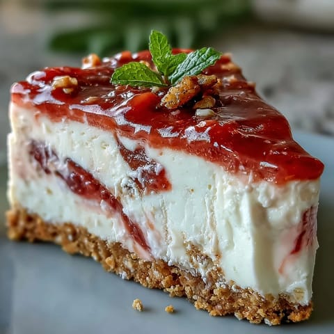 Easy Guava Swirl Cheesecake with vibrant pink swirls on a chilled slice garnished with lime zest.