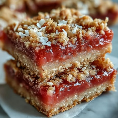 Slice of Guava Jam Bars with Coconut Macadamia Oat Crumble on a plate, revealing jammy layers next to a scoop of vanilla ice cream.