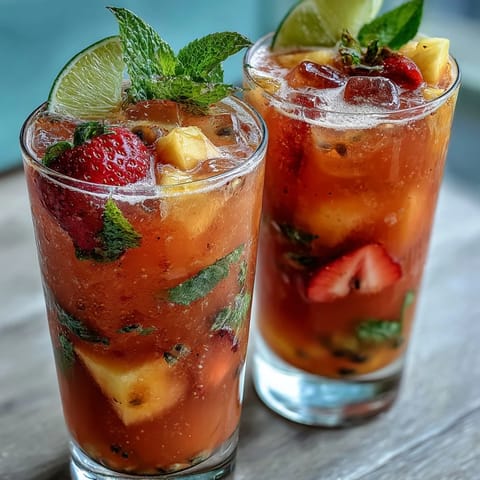 Tall glass of DIY Iced Guava Passionfruit Drink filled with ice, layered with creamy coconut milk and garnished with fresh mint and pineapple chunks.