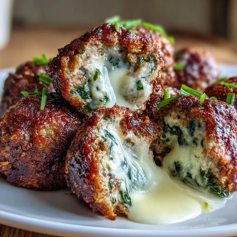 Oven-baked Spinach Garlic Meatballs are garnished with parsley and served beside a bowl of rich marinara sauce for dipping.