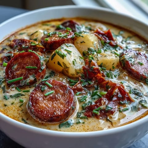 A spoon lifts a rich, creamy blend of tender potatoes and smoky andouille sausage, showcasing the hearty texture of this Cajun soup.