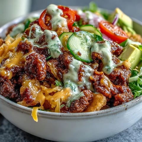 Bright burger sauce drizzles over melted cheddar and seasoned beef inside these High-Protein Cheeseburger Bowls, served with red onion. 