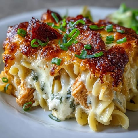 Creamy Buffalo Ranch Chicken Pasta Bake bubbling from the oven, featuring golden, melty cheese topping over tender pasta.
