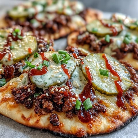 Four mini garlic naan pizzas topped with seasoned ground beef, melty cheese sauce, and dill pickles.