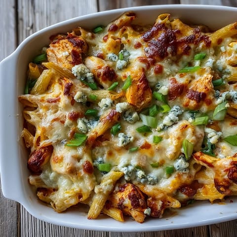 A close-up shows creamy Buffalo Ranch Chicken Pasta Bake with rotini noodles, shredded chicken, and sliced green onions. 