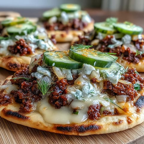 A close-up of golden Cheeseburger Garlic Naan Pizzas, topped with vibrant diced tomatoes and fresh green onions on a rustic table.