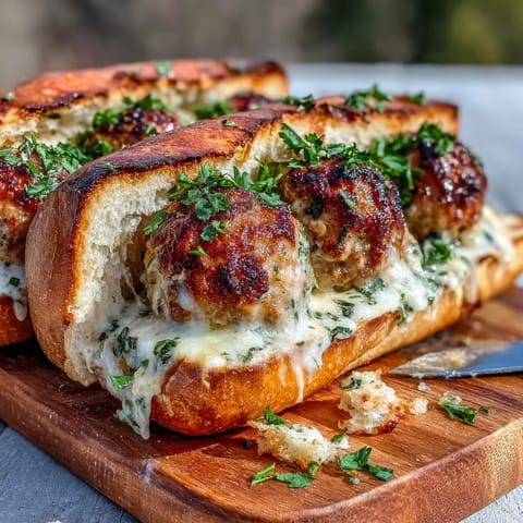 Freshly baked golden turkey meatballs coated in a creamy garlic Parmesan sauce, nestled in a toasted, buttery sub roll and topped with melted mozzarella.