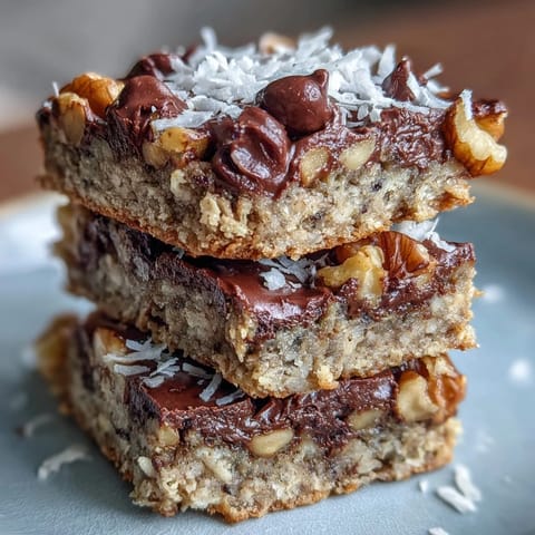 A close-up shows crumbly Chunky Monkey Protein Baked Oat Bars with melted dark chocolate and banana flecks on top.