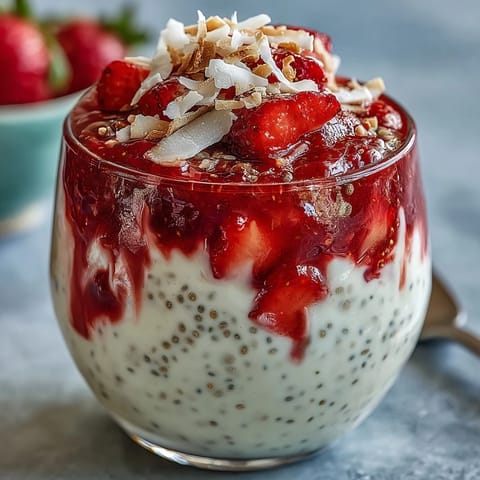 A vibrant strawberry chia seed pudding with coconut milk, layered with fresh strawberries and topped with toasted coconut flakes for a healthy breakfast or snack.