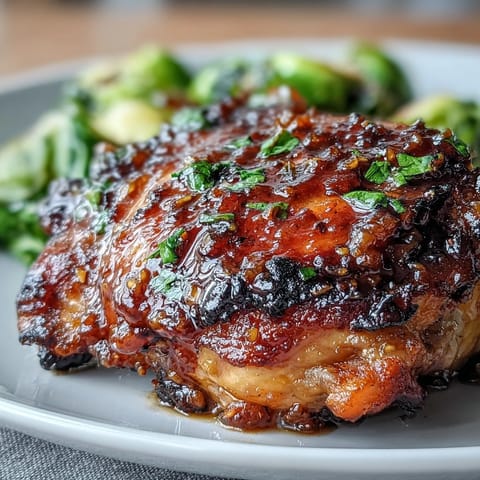A colorful sheet pan dinner with tender chicken thighs glazed in honey mustard, surrounded by golden Brussels sprouts and roasted red onions.
