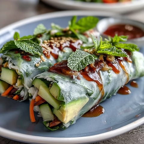 Fresh vegan spring rolls filled with mango, avocado, and crisp vegetables, served with sweet chili dipping sauce.  