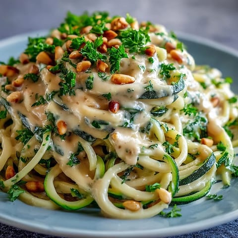 Creamy vegan cashew Alfredo sauce drizzled over fresh zucchini noodles for a healthy, dairy-free dinner.