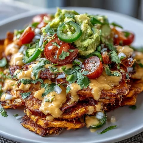 Crispy baked sweet potato nachos loaded with black beans and drizzled with creamy cashew queso.  