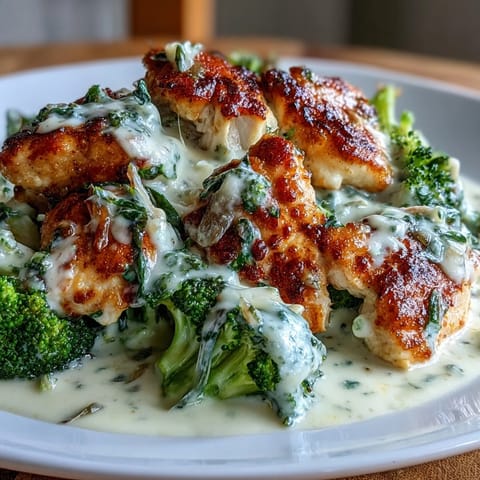 Keto Chicken Alfredo served over steamed broccoli florets, topped with creamy Parmesan sauce and fresh parsley.