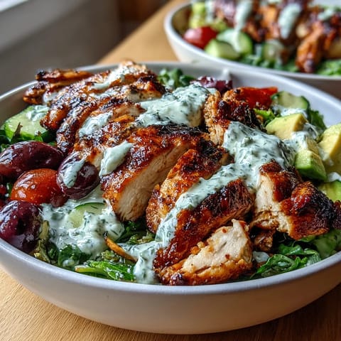 Fresh chicken shawarma salad bowl with spiced grilled chicken, crisp vegetables, and lemon tahini drizzle.  