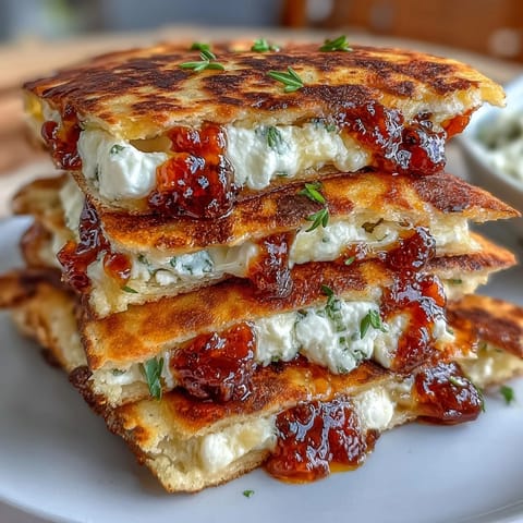 Golden quesadilla filled with spicy chili jam and creamy goat cheese, served with fresh spinach and sliced spring onions.  