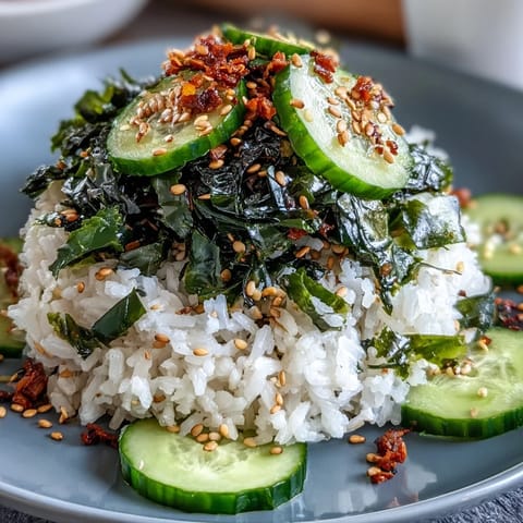A vibrant seaweed and nori rice bowl with seasoned sushi rice, crisp cucumber, and toasted sesame seeds for a nourishing, umami-rich meal.  