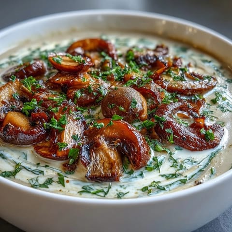 Creamy Mushroom & Cardamom Soup with a velvety texture, garnished with fresh chives and a swirl of cream.