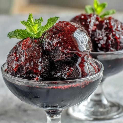 Elegant black currant & gin sorbet with deep purple hue and fresh mint garnish.