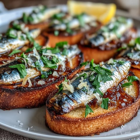 Golden crostini layered with olive oil sardines, lemon juice, and herbs, perfect for entertaining or a light snack.