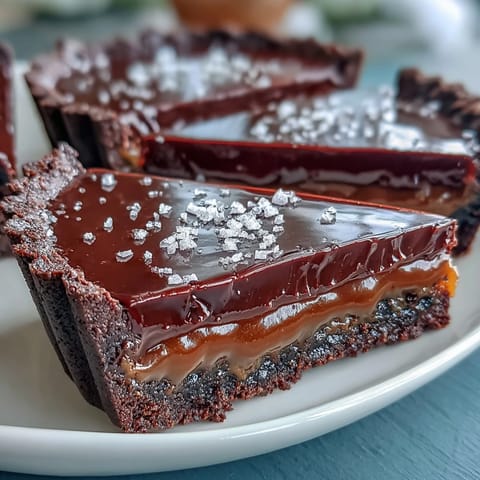 Decadent salted caramel chocolate tart with glossy dark ganache and flaky sea salt topping. Rich dessert perfect for special occasions and chocolate lovers.
