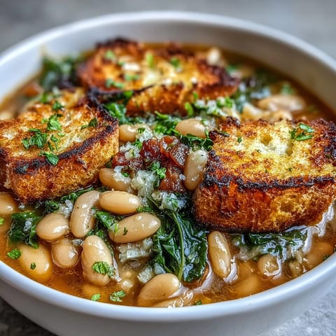 A rustic bowl of Tuscan ribollita soup filled with white beans, kale, and vegetables, topped with golden sourdough croutons.  