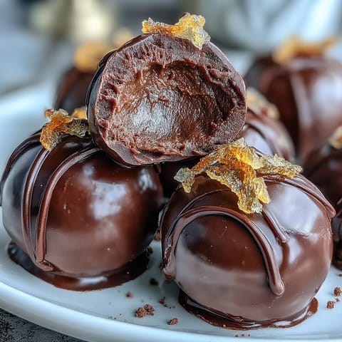 Decadent dark chocolate truffles with candied orange zest, ideal for a luxurious homemade Valentine's Day treat.