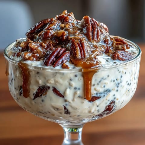 A jar of overnight oats layered with Greek yogurt, chia seeds, and sweet candied pecans, perfect for meal prep.  