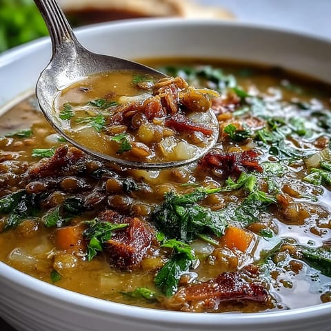 Hearty ham bone and lentil soup with root vegetables simmering in a rich, savory broth, topped with fresh parsley.  