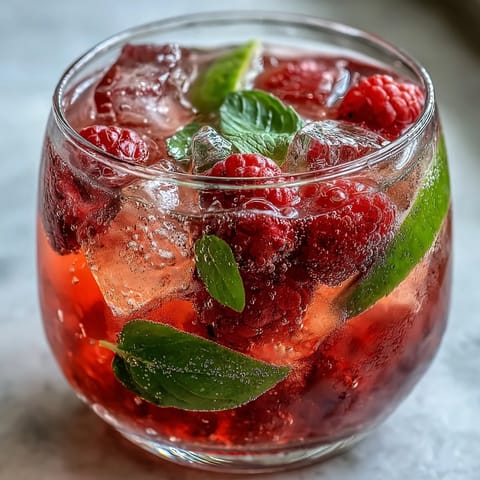 Raspberry Lime Spritz cocktail in two glasses with fresh raspberries, mint garnish, and lime slices.