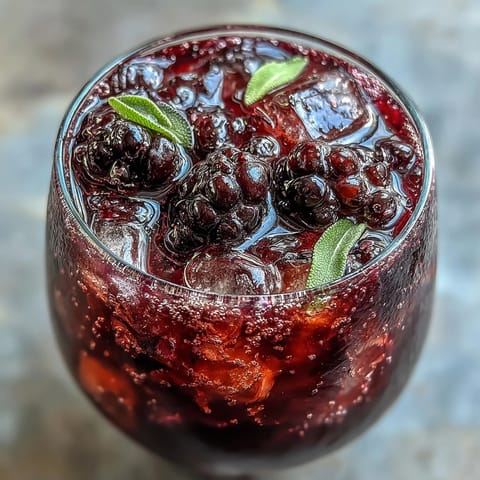 Vibrant Blackberry Sage Mocktail with crushed ice, garnished with fresh sage and whole berries in tall glasses.