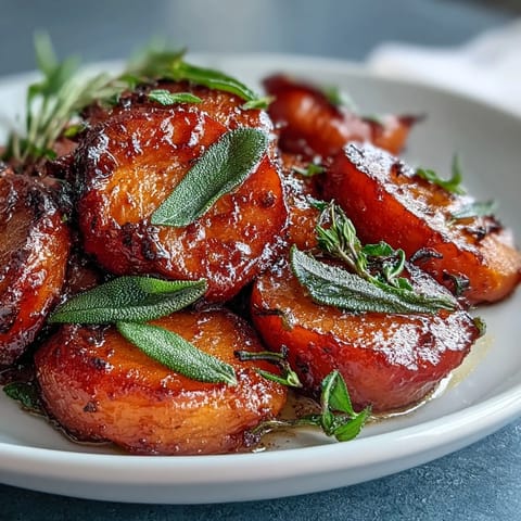 Golden candied yams with brown butter and sage, glazed and tender, perfect for holiday tables.