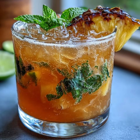 Refreshing pineapple ginger fizz drink with sparkling water, served over ice with tropical fruit garnishes.