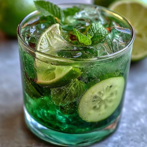 A vibrant virgin green mojito with fresh cucumber, lime, and mint, served over ice in a tall glass.  