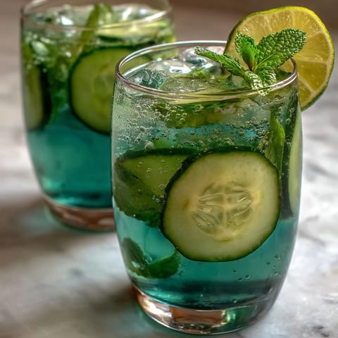 A tall glass of sparkling cucumber mint refresher with fresh cucumber slices and vibrant mint leaves, perfect for cooling down on a hot day.