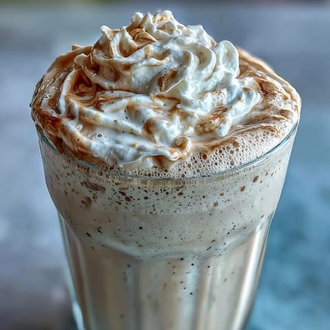 Creamy vanilla bean frappuccino protein shake with Greek yogurt, topped with whipped cream and vanilla bean specks.