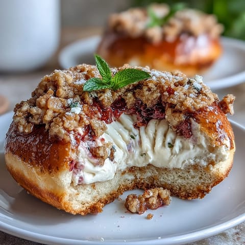 High-protein strawberry bagels topped with rich cheesecake swirl and buttery oat crumble, baked to perfection for a healthy breakfast.  