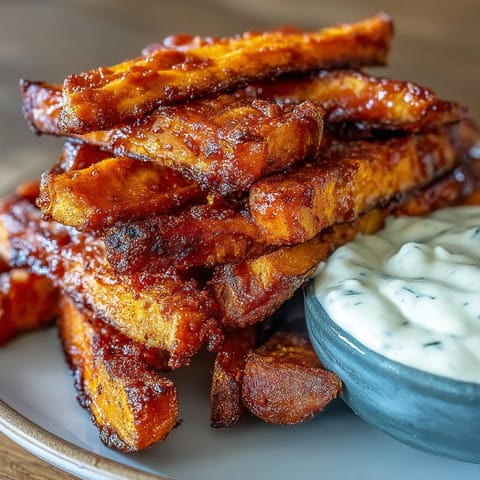 Golden, perfectly seasoned sweet potato fries paired with zesty homemade garlic aioli sauce.  