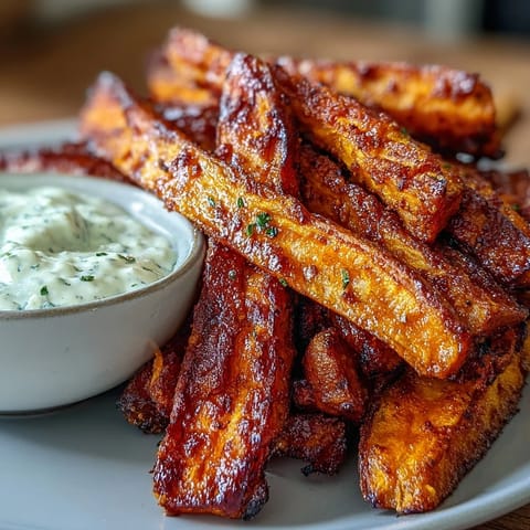 Crispy air fryer sweet potato fries served with creamy garlic aioli for dipping.  