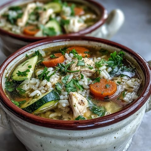 One-pot healthy chicken and rice soup with tender chicken, vegetables, and rice simmering in a savory broth.