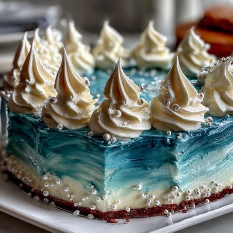 Whimsical Pisces Cake Sheet Cake with ocean wave piping, featuring moist vanilla sponge and vibrant blue buttercream for a stunning dessert.