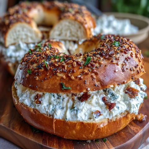 High-protein bagels with Greek yogurt everything dip, soft and chewy, topped with savory seasoning, served with creamy dip.