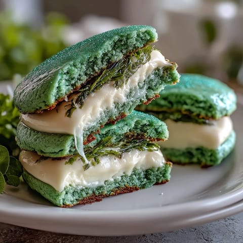 Soft green sugar cookies filled with fluffy vanilla frosting, rolled in shimmering sugar for a festive treat.  