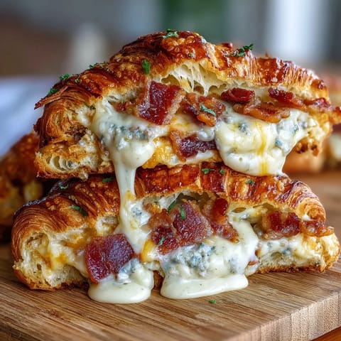 Decadent croissant breakfast bake loaded with ham, Swiss cheese, and green onions, baked to perfection.