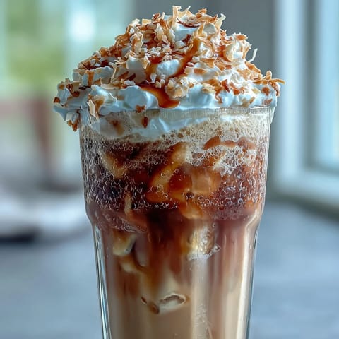 A creamy iced vanilla bean frappuccino blended with vanilla seeds, topped with toasted coconut foam for a dreamy summer drink.