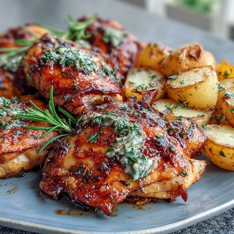 A golden roasted chicken infused with lemon and herbs, surrounded by crispy baby potatoes in a rustic baking dish.