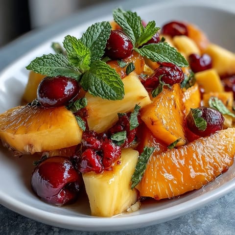 A colorful arrangement of ripe mangoes, pineapples, and tropical fruits perfect for summer parties and brunches.