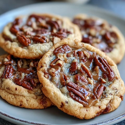 A close-up of golden Butter Pecan Cookies with caramel swirl, featuring toasted pecans and a glossy caramel drizzle.  